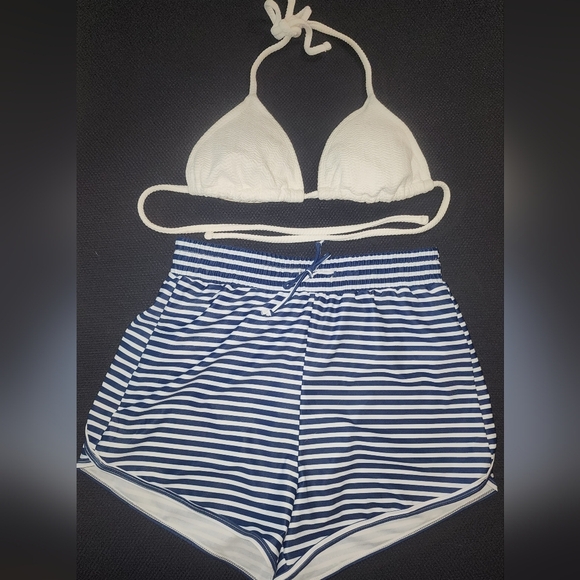 Other - Like new White Bikini top & Navy and White Stripe Swim Shorts. Women's Small.